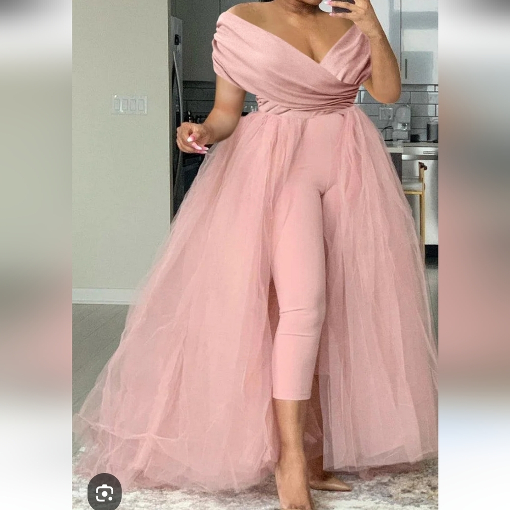 Off-Shoulder Pink Tulle Overlay Jumpsuit Romper